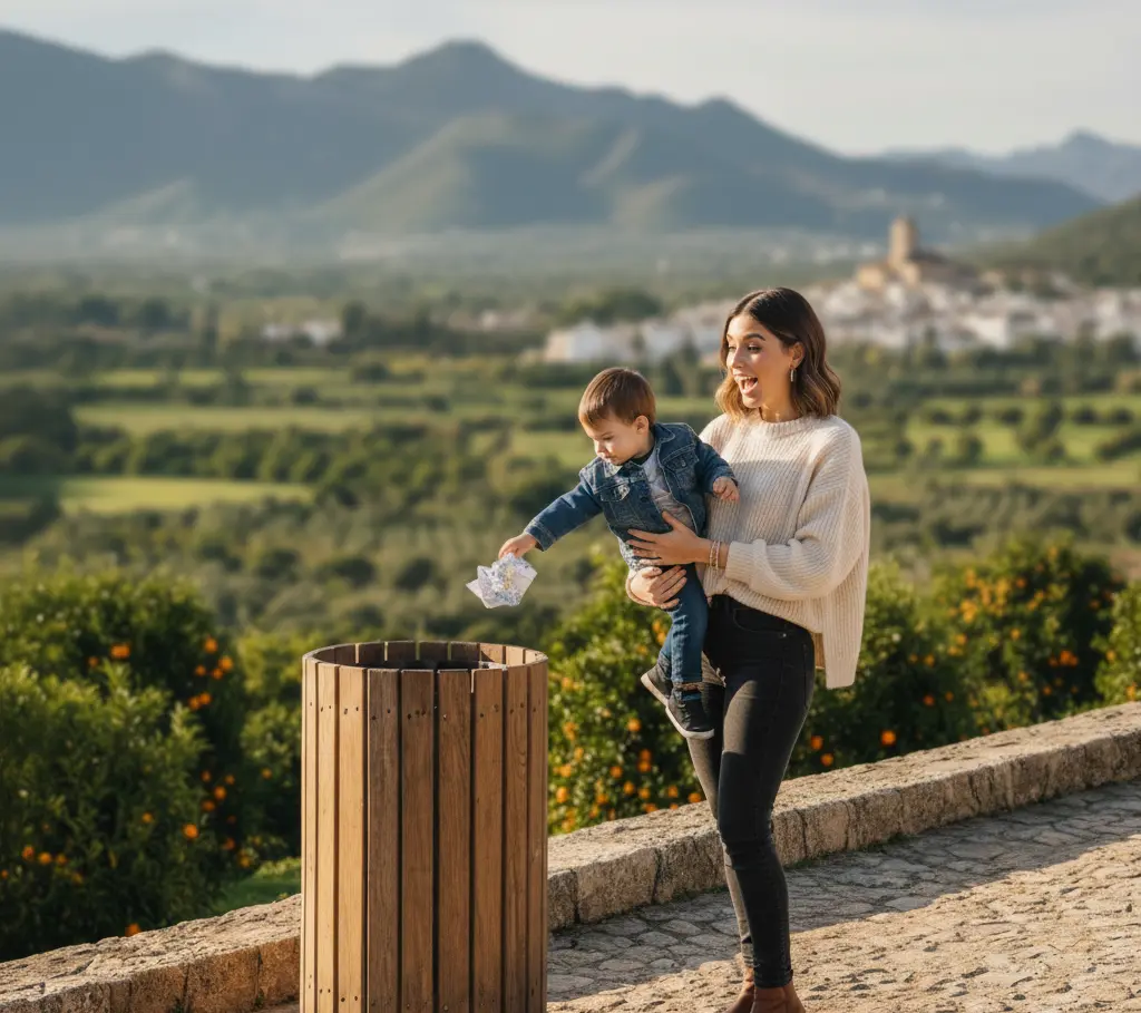 Niño tirando la basura a la papelera en el Valle de Ricote